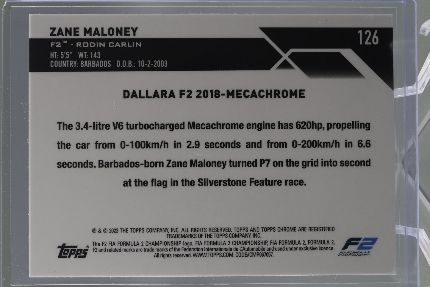 Zane Maloney 2023 Topps Chrome Formula 1  #126 RACECAR       Rodin Carlin F2