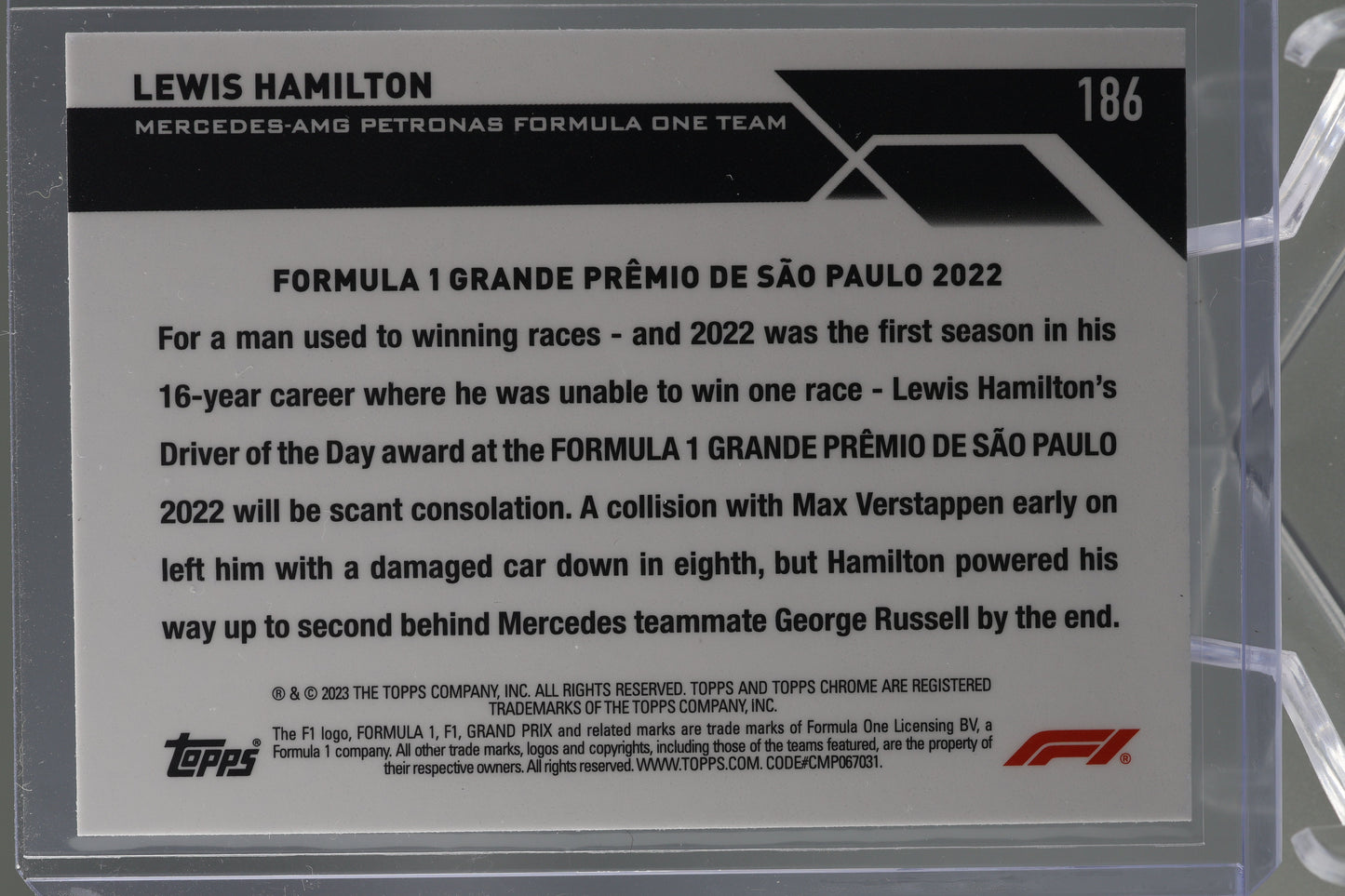 Lewis Hamilton 2023 Topps Chrome Formula 1 #186 Driver of the Day Brazil 2022