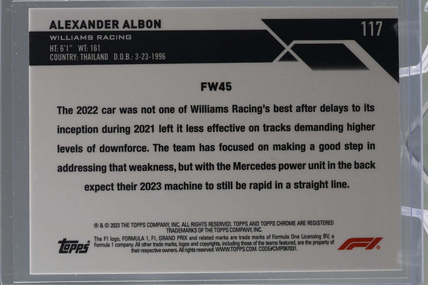 Alexander Albon 2023 Topps Chrome Formula 1  #117 RACECAR       Williams Racing