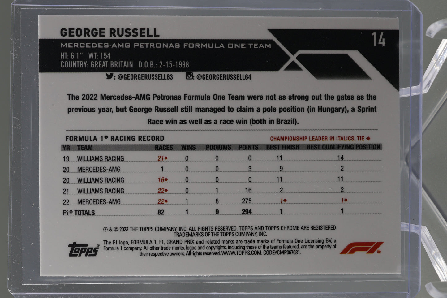 George Russell 2023 Topps Chrome Formula 1 #14 Mercedes-AMG