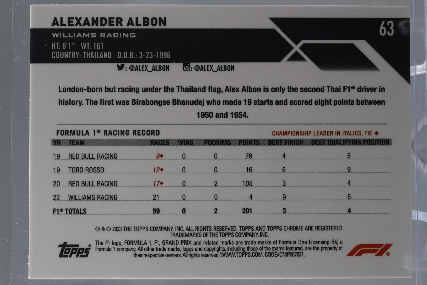 Alexander Albon 2023 Topps Chrome Formula 1  #63 RACECAR       Williams Racing