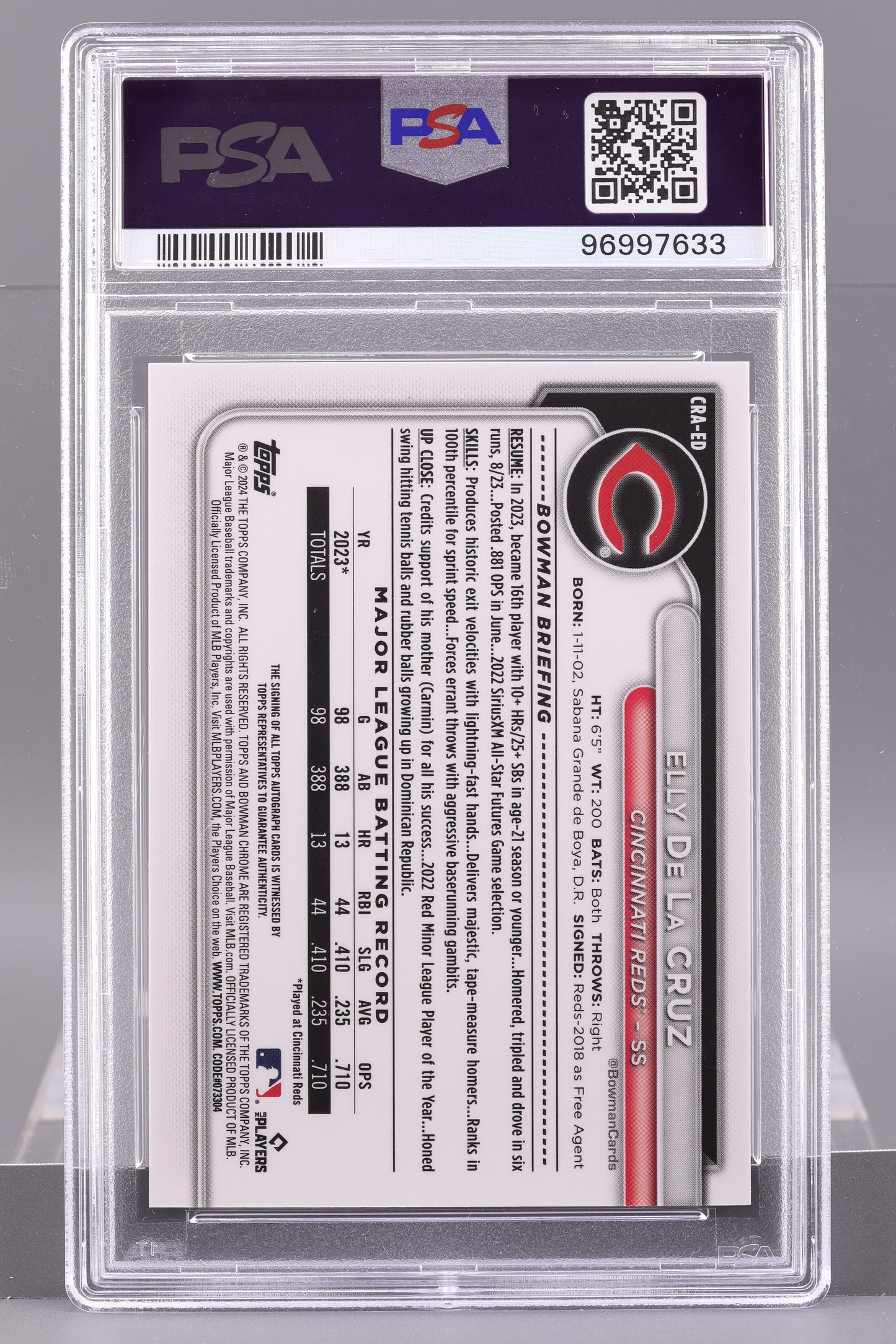 Elly De La Cruz 2024 Bowman Chrome Rookie Autographs #CRAED Yellow Ref PSA 9 RC